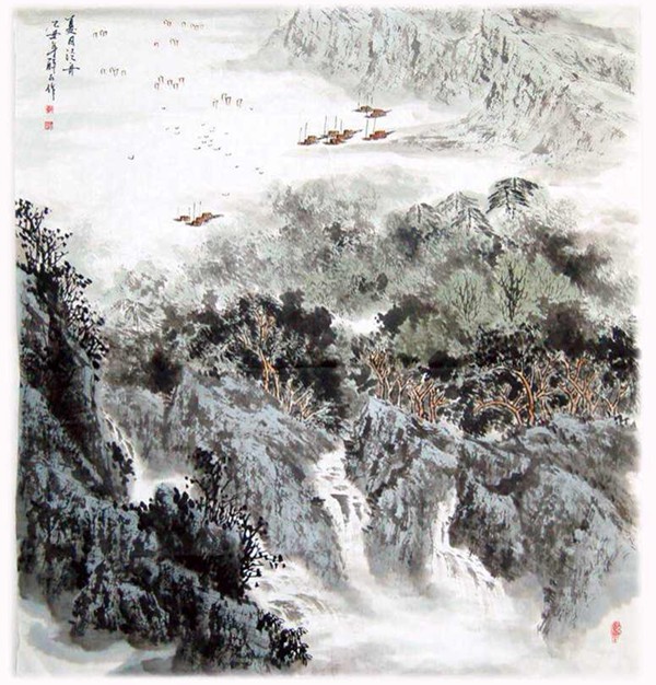 郭曉恒 四尺斗方山水畫《夏日涇舟》